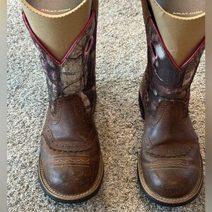 Ariat Brown and Camouflage Boots with Pink Trim